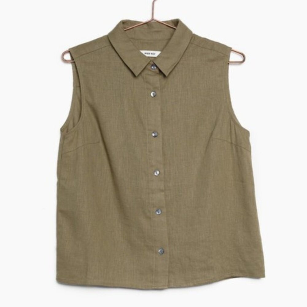 Mod Ref Womens Linen Top Medium Tan Sleeveless Button Up Collared Short Khaki 90